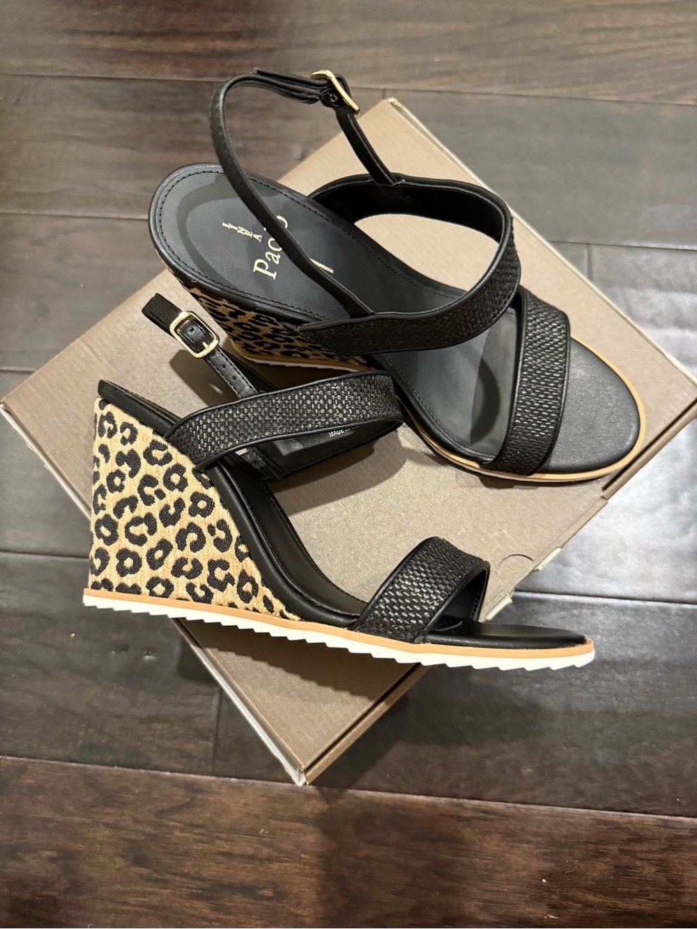 Línea Paolo Black Rafia Slingback Wedges with Leopard Jacquard Heel